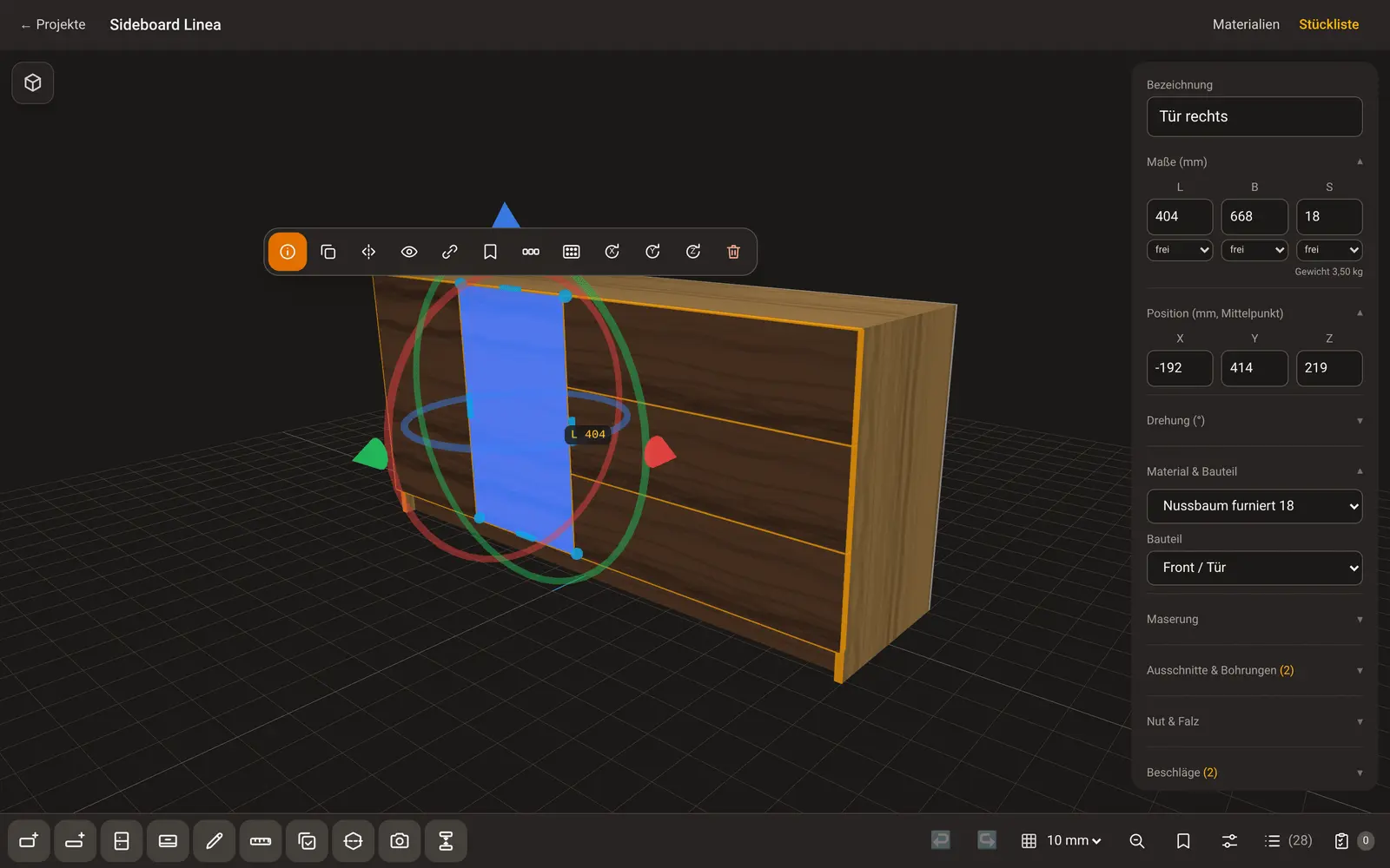 Plattenwerk-Editor mit einem Sideboard in 3D, eine Tür ist ausgewählt