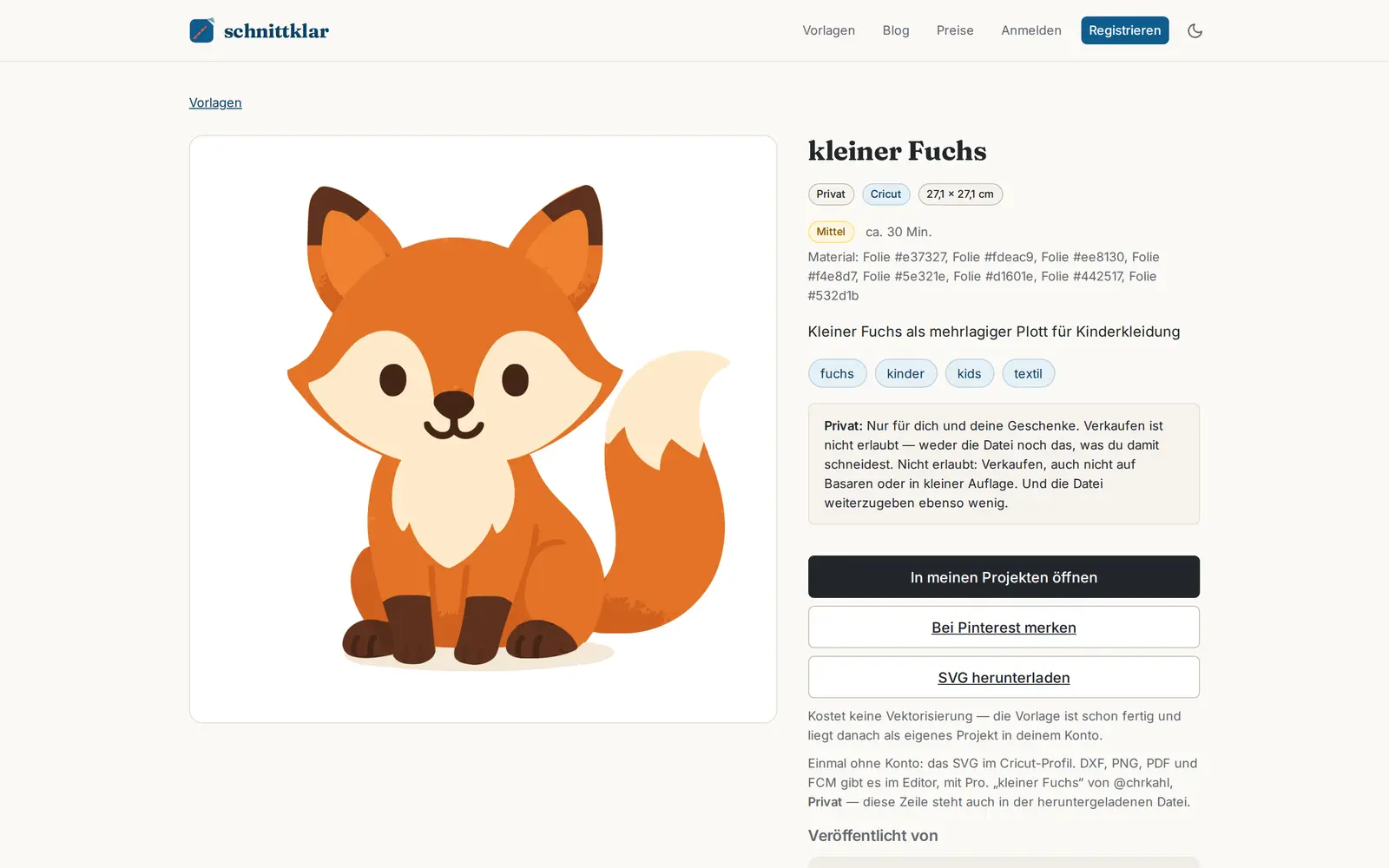 Vorlagen-Seite „kleiner Fuchs“ in Schnittklar